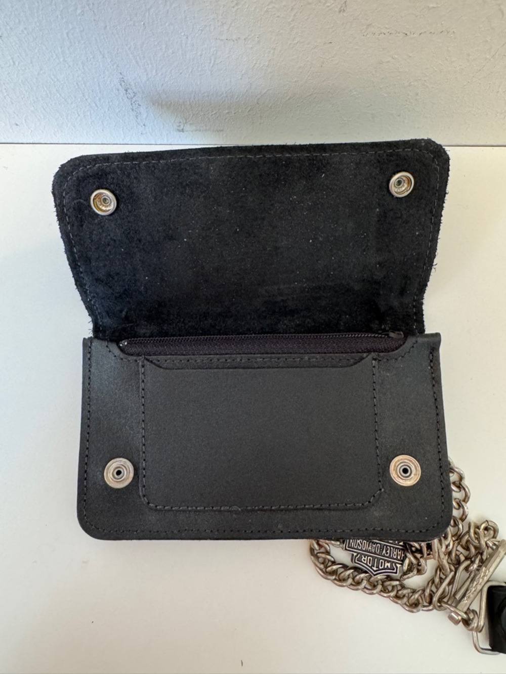 Harley-Davidson Black Leather Chain Wallet Biker Trifold Logo Embossed - Picture 15 of 16
